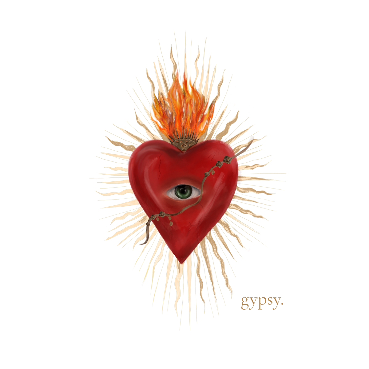 The Gypsy Lab - corazon sagrado con ojo, llama, corona, cicatriz, dijes y chispas